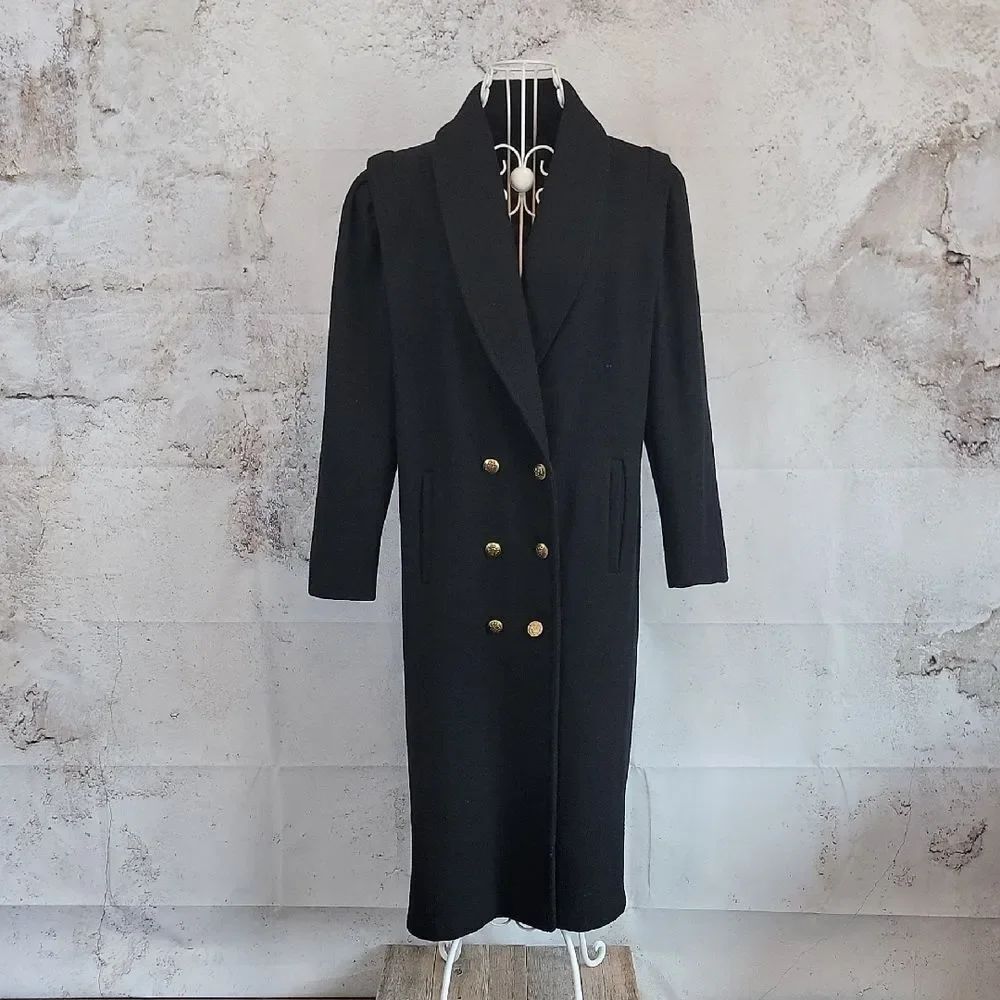 Michelle Francois Vintage Black Double-Breasted Long Coat Womens Size L